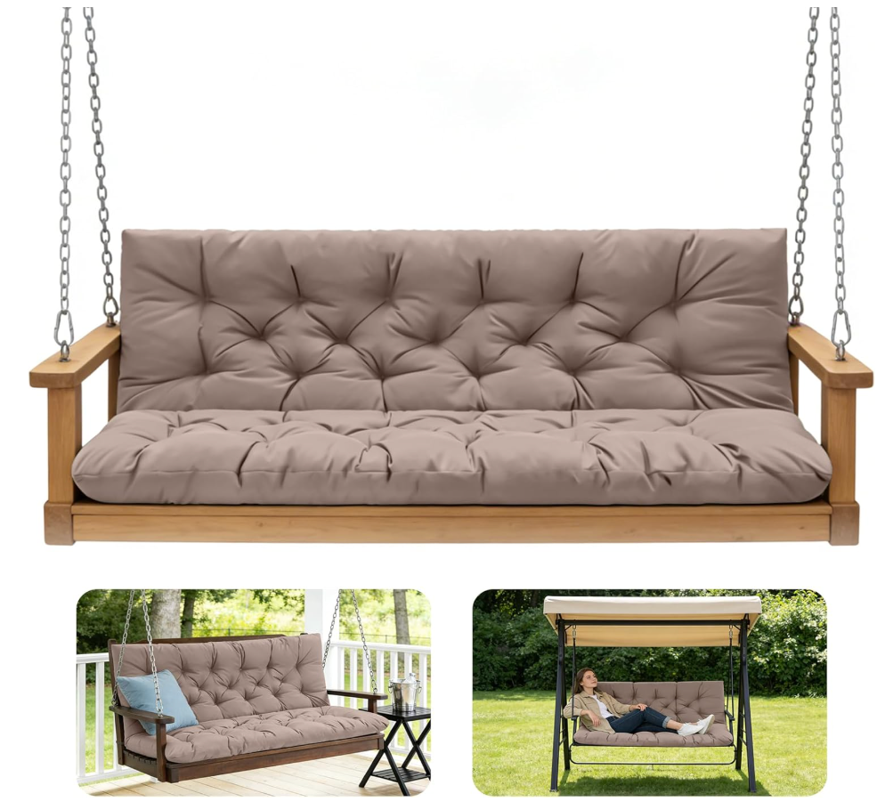 GPQAWER Outdoor Swing Cushions,Waterproof Swing Cushions 3 Seater Replacement with Backrest,Outdoor Thickened Bench Cushion with Ties for Porch,Patio,Backyard,Garden and Lawn (Khaki 60 * 40 in)
