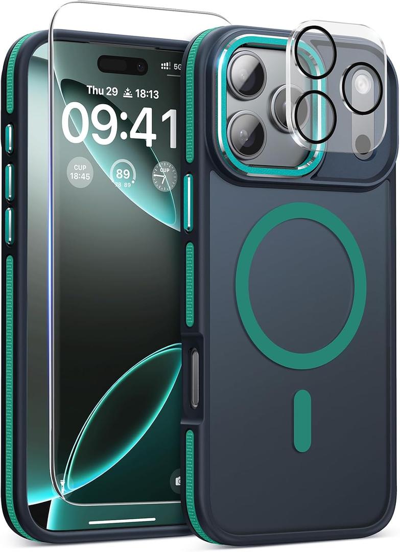 Magnetic 3 in 1 for iPhone 17 Pro Case, [Omni-Directional Protection] with 1x Screen Protector + 1x Camera Cover, [Seamless Work with Magsafe] Shockproof Slim Thin Matte Case for iPhone 17 Pro Green