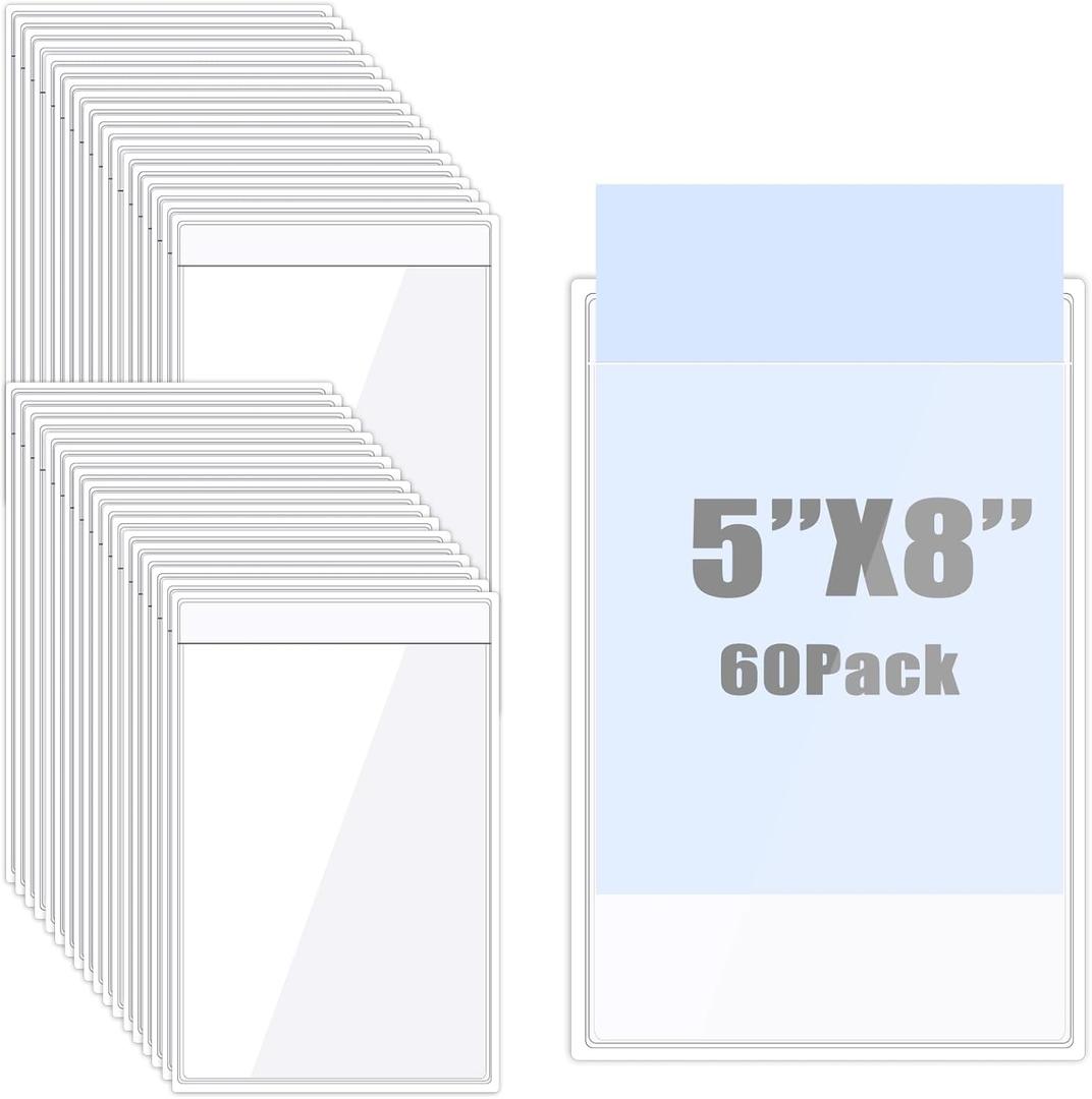 60 Pack Adhesive Pockets Clear Plastic Sleeves Shop Ticket Holders Bulk Top Load Label Storage Bin Index Card Pockets for Home Office Library Posting Sign (5 x 8 Inch)