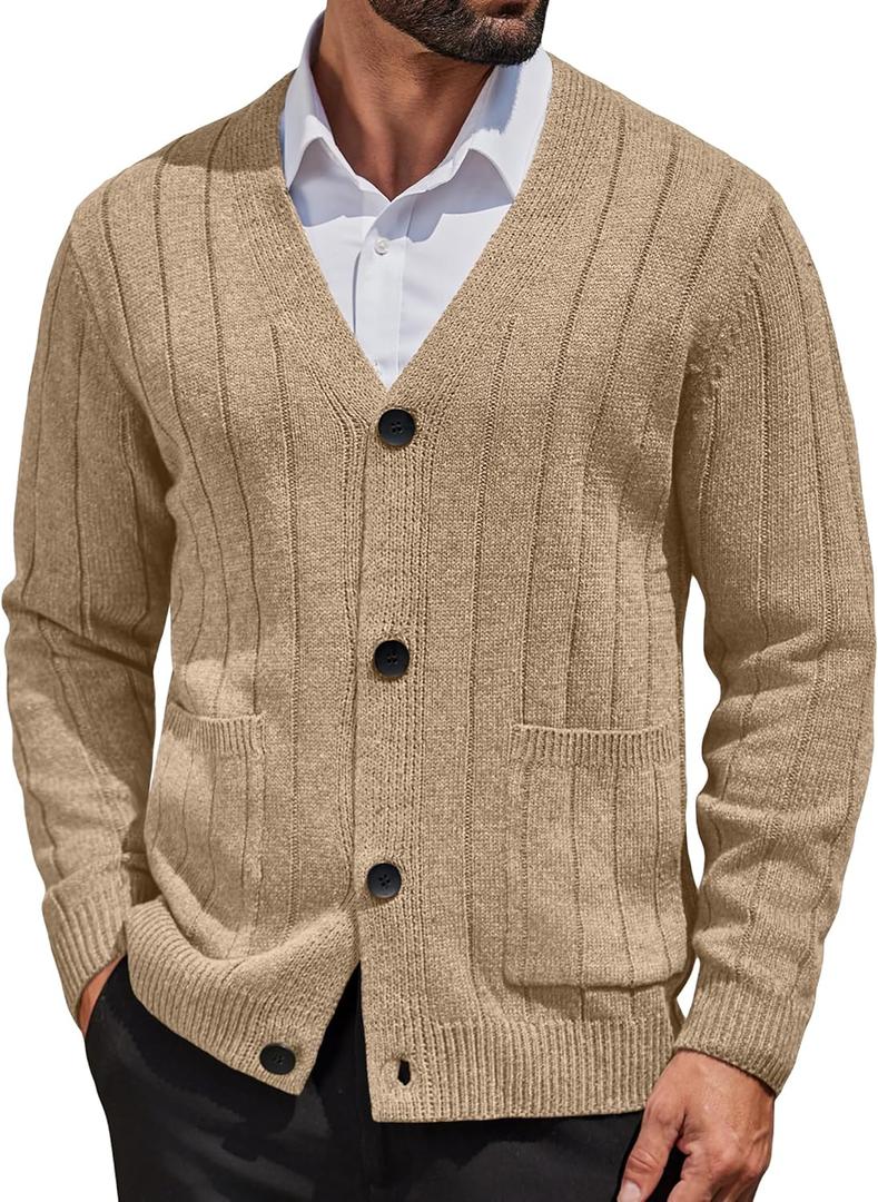 COOFANDY Men's Cardigan Sweater Cable Knit V Neck Button up Sweaters Ribbed Cardigan Sweater with Pockets (Beige, L)