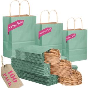 qiqee 100PCS Gift Bag with Handles Bulk Kraft Light Blue Paper Bags Assorted Sizes(33pcs Large 13",33pcs Medium 11",34pcs Small 8")