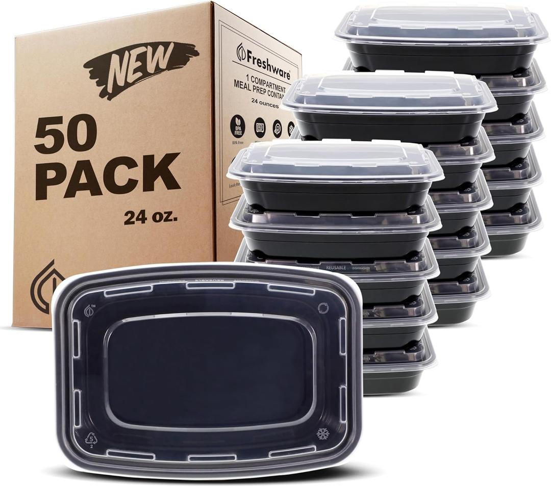 Freshware Meal Prep Containers [50 Pack] 1 Compartment with Lids, Food Storage Containers, Bento Box, BPA Free, Stackable, Microwave/Dishwasher/Freezer Safe (24 oz) (Black)