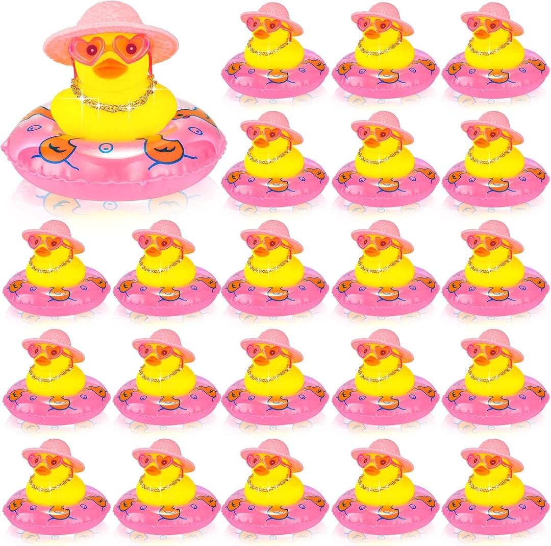 Sotiff 24 Sets Mini Rubber Ducks Bulk for Kids Children Cute Yellow Duck Toy Dashboard of Car Ornaments with Sunglasses Swim Ring Mini Hat Necklace Gift for Summer Birthday Party Favor (Sweet)