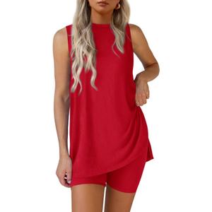 PRETTYGARDEN 2 Piece Sets for Women 2026 Summer Matching Lounge Shorts Set Resort Airport Travel Loungewear Outfits Clothing (Red, XL)
