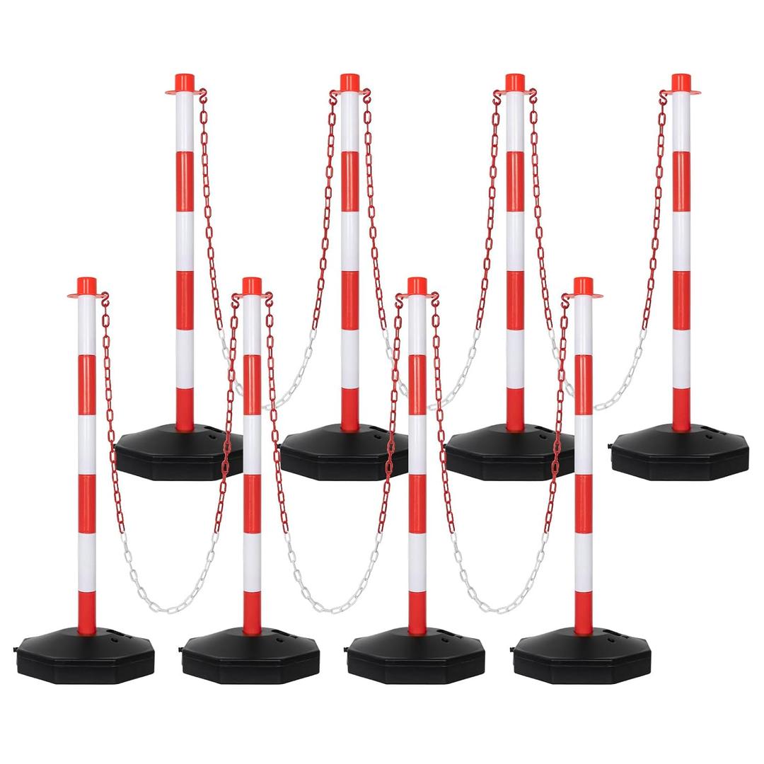 35'' Parking Delineators Post, 8 Sets Traffic Cone Safety Stanchion with Base & 5FT Link Chain - Red and White Striped Chain Barriers for Parking Lot, Driveway, Road Construction