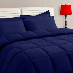 TAIMIT Navy Queen Size Comforter Set - 7 Pieces, Bed in a Bag Bedding Sets with All Season Soft Quilted Warm Fluffy Reversible Comforter, Flat Sheet, Fitted Sheet, 2 Pillow Shams, 2 Pillowcases
