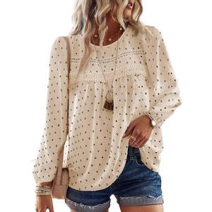 Falechay Boho Tops for Women Long Sleeve Shirts Crewneck Flowy Womens Blouses Dressy Casual Lace Hem Clothing Trendy 2026 (X-Small, Apricot-black Dots)
