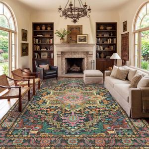 Kokia 10x14 Washable Black and Pink Area Rugs with Vintage Orient Design, Soft Rug for Living Room or Bedroom, Non-Slip Low Pile Stain Resistance Features, Distressed Medallion Pattern