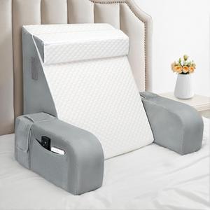 Reading Pillow for Sitting in Bed Adult, Back Pillow for Bed Sitting up, Back Support Pillow with Removable Armrests for Working Gaming/Resting on Couch or Floor(White/Gray)