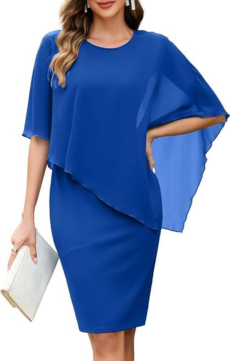 oten Women's Chiffon Wedding Guest Dress Crew Neck Cape Sleeveless Cocktail Birthday Party Midi Dresses XL, Royal Blue