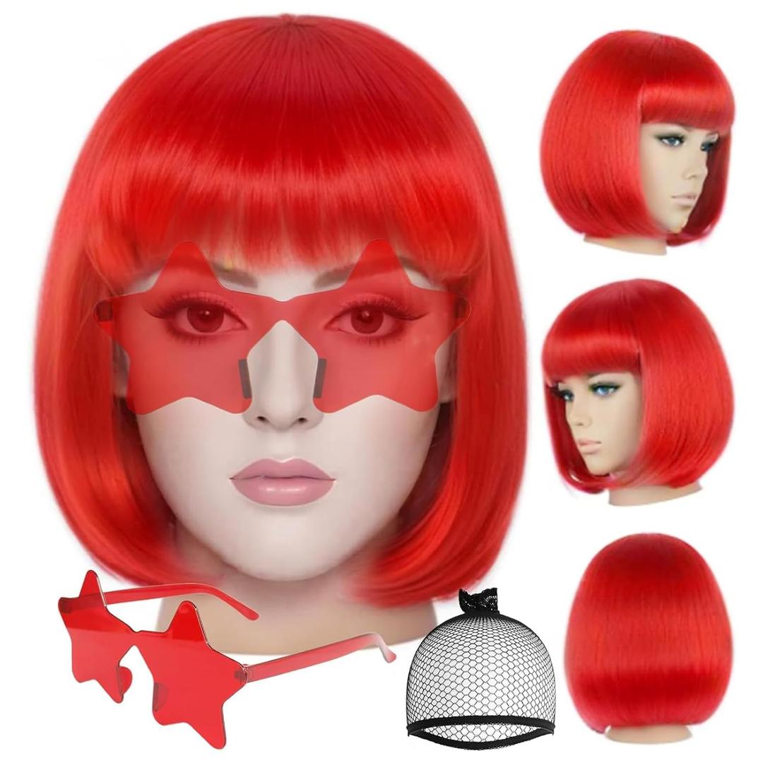 ANOGOL Hair Cap + (Sunglasses) Red Bob Wig with Bangs Womens Red Party Wigs with Star Shape Sunglasses Short Neon Wig Daily Party Outfit Fun Wigs Women Halloween Costume Night Club Bachelorette Hair