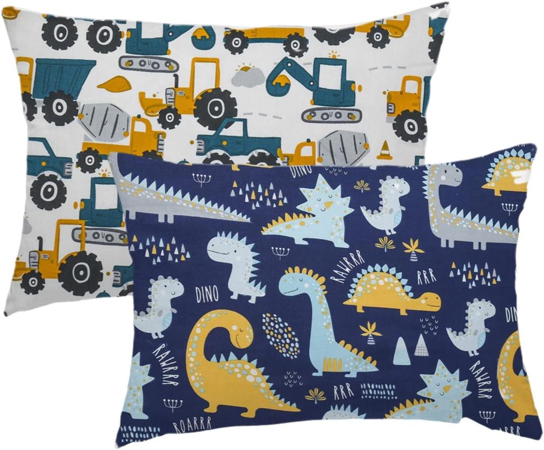 Kid Toddler Pillowcase,2 Packs 100% Cotton Pillow Cover for Kids Bedding,14x20 Pillowslip Case Fits Pillows Sized 13x18 or 14x19,Envelope Closure Dinosaurs Trucks Travel Pillow Pillowcase