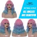 14" Short Bob Light Pink Ombre Light Blue Wavy Curly Bangs Wig Air Bangs Shoulder Length Women's Charming Synthetic Wig for Cosplay Party Anime Costume+Wig Cap (Light Pink Ombre Light Blue)
