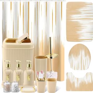 32PCS Bathroom Sets with Shower Curtain and Rugs-Beige Bathroom Accessories,Non Slip Bathroom Rugs Set with Toilet Lid Cover, Waterproof Shower Curtain, 3PC Soap Dispenser with Trash Can