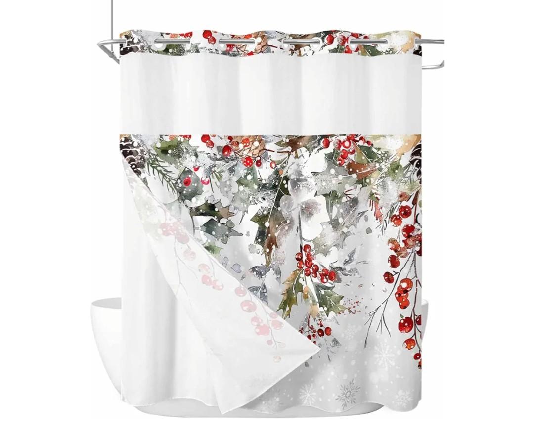 Christmas No Hook Shower Curtain with Snap in Liner, Pine Leaf Berry Snowflake Gray Shower Curtain for Bathroom Waterproof Winter Xmas Bath Curtain with See Through Mesh Top Window