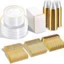 SUT 700Pcs Plastic Dinnerware Set for 100 Guests, Clear and Gold Plastic Plates, Disposable Plates and Napkins Party Supplies, Gold Silverware, Plates, Cups and Napkins Sets for Party Weddings