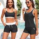 Aqua Eve 3 Piece Tankini Swimsuits for Women - Bathing Suits with Boy Shorts Swim Tank Top Sports Bra and Modest Swimwear Black and White Medium