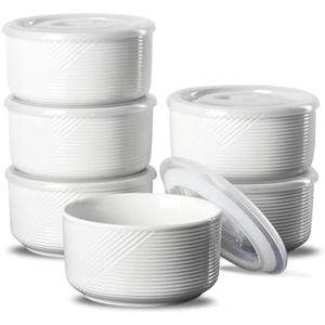 Adewnest Ceramic Bowls with Lids: 20 oz Microwave Safe Food Storage Containers for Soup, Salad, Cereal, Leftovers, Meal Prep, Lunch, Picnic, Camping, Serving - Airtight, White, Set of 6