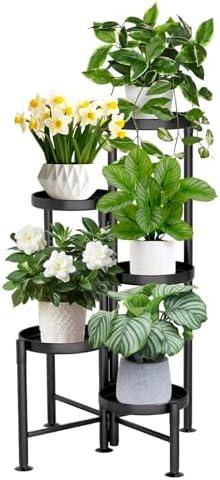 KISENG 5 Tier Plant Stand Indoor, Metal Corner Plant Shelf Outdoor, Foldable Tall Plant Rack for Mutiple Plants, Flower Pot Holder Display Stand for Living Room Patio Home Decor for Gatdening