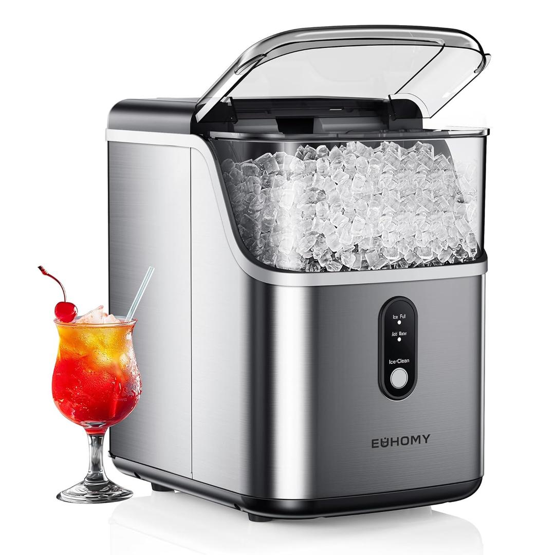 EUHOMY Nugget Ice Makers Countertop, Pebble Ice Maker Machine with 35lbs/24H Soft Ice, Self-Cleaning Sonic Ice Maker with Ice Scoop&Basket, Pellet Ice Maker for Home/Kitchen/Office(Stainless Steels) (Silver)