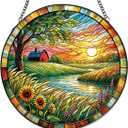 Sunflower Suncatcher,Stained Glass Window Hanging,Farm Landscape Sun Catcher for Windows,Crystal Suncatcher Indoor Home DecorGarden Decor Gift for Women,7.87 in,Mother’s Day