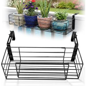 Youyole Adjustable Flower Pot Plant Rack Holder Stand, Expands 14"-27" to Accommodate Multiple Flowerpots, Iron Hanger Hooks Fit Almost Any Balcony, Porch, Fence or Deck Railing up to 6" Wide (Black)