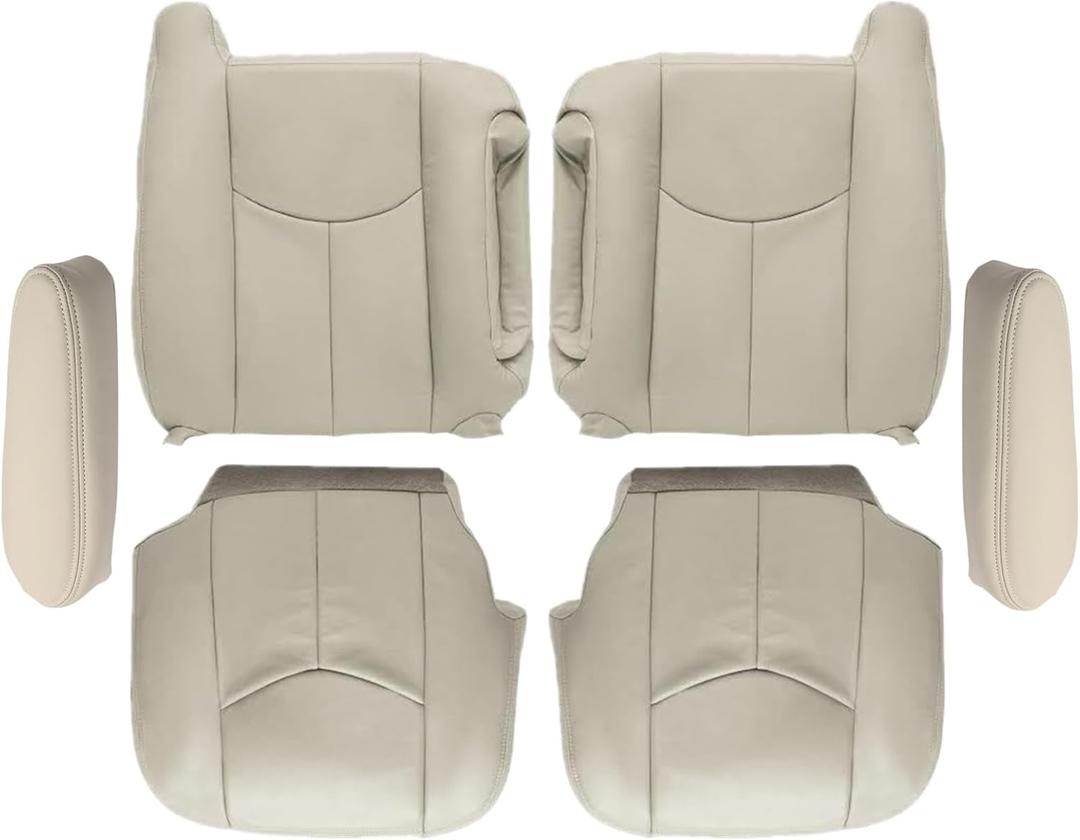 SecosAutoparts Driver & Passenger Bottom & Top & Armrest Replacement Leather Seat Covers Tan# 522 or 52i Compatible with Chevy Tahoe Suburban Compatible with GMC Yukon Sierra 2003 2004 2005 2006