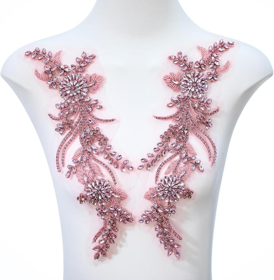Pair Handmade Shining Crystals Rhinestones DIY Clothing Applique Patches, Sewing Beads Sequins Stone Trim Accessories for Wedding Dress Decoration(Pink-Large)