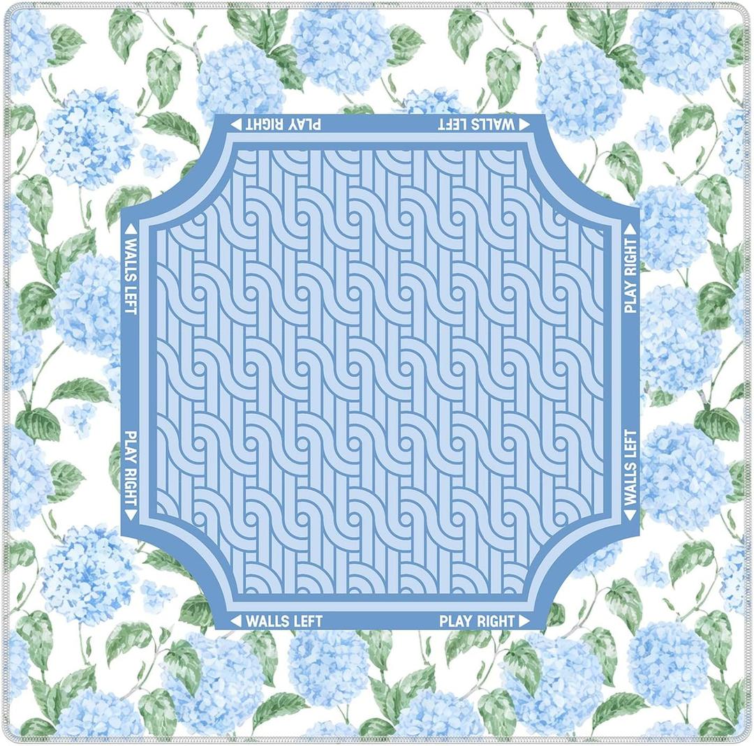 Watercolor Light Blue Hydrangea Mahjong Mat, Non-Slip Noise Reduction Square Game Table Pad, Pastel Blue Floral Vine Border & Geometric Wave Center Print Portable Play Mat for Mahjong, 31.5 x 31.5 inches