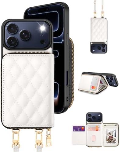 OCASE Compatible with iPhone 17 Pro Max Crossbody Wallet Case with Card Holder, PU Leather Zipper Handbag Phone Purse with RFID Blocking Kickstand Wrist Strap Lanyard 6.9 Inch, Diamond Check White