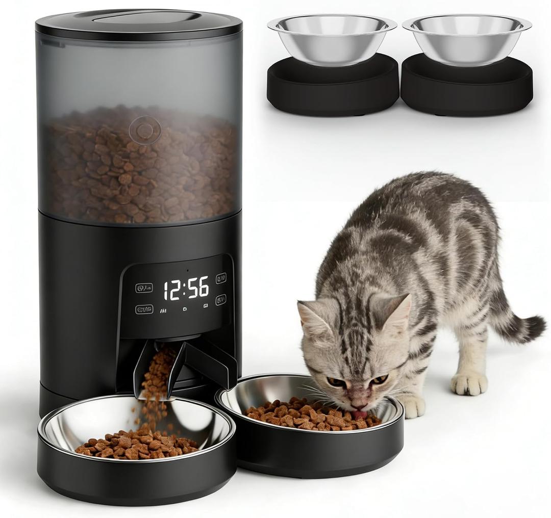 DUMOS 6L Automatic Cat Feeder for 2 Cats, Timed Cat Food Dispenser with 2 Stainless Bowls, 10s Voice Recorder, Dual Power Supply, 6 Meals 50 Portions Per Day, Dual Pet Feeder for Cats and Dogs - Black
