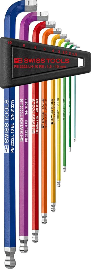 PB Swiss Tools 90-100 RainBow Key L-Wrench Set PB 2222.LH-10 RB CN | 100% Swiss Made | 9-Piece Allen Key Set, Size 1.5-10 mm with Very Short Key Part