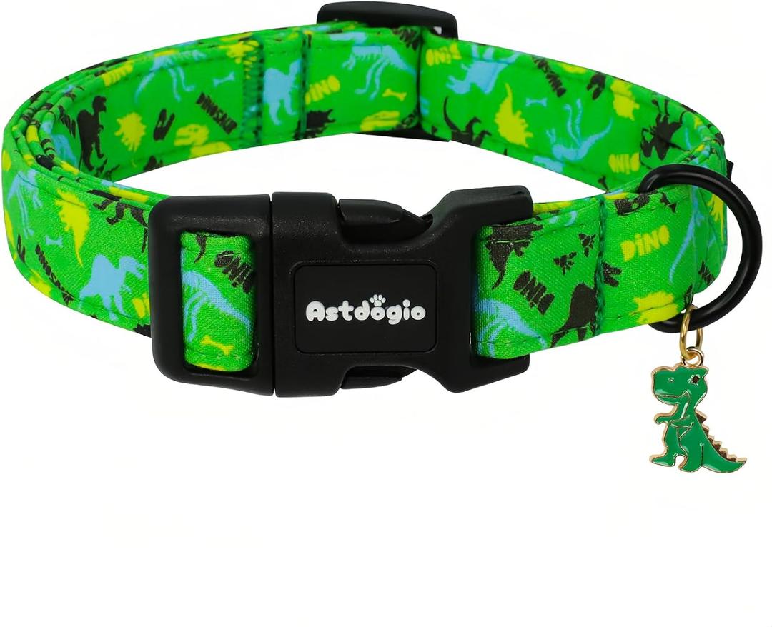 Medium Dog Collars for Male Dogs, Boy Dog Collars with Dinosaur Pattern Adjustable Cotton Green Collar for Puppy Dog Ideal, Daily Photos & Pet Fashion Accessory (Jungle Spine)