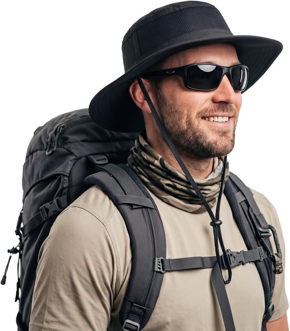 Unisex Lightweight Boonie Bucket Hat with Chin Strap (Black)