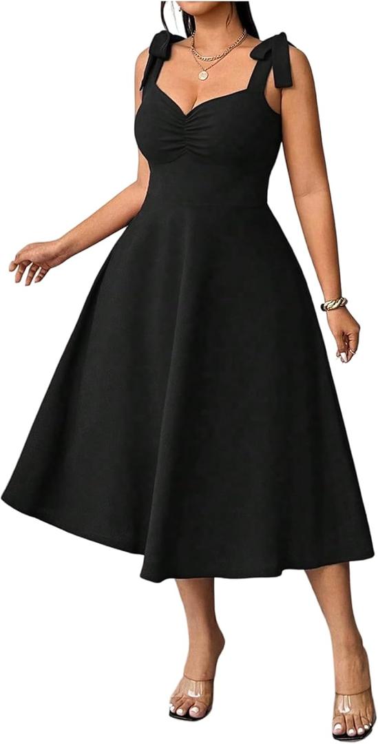 Floerns Women's Plus Size Elegant Tie Shoulder Midi Dress Ruched A Line Graduation Wedding Guest Dress, XL