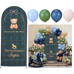 7.2ft Tartan Plaids Bear Arch Backdrop Cover, 146 Pcs Equestrian Plaid Bear Balloons Baby Shower Decorations for Baby Shower Party Gender Reveal Decoration