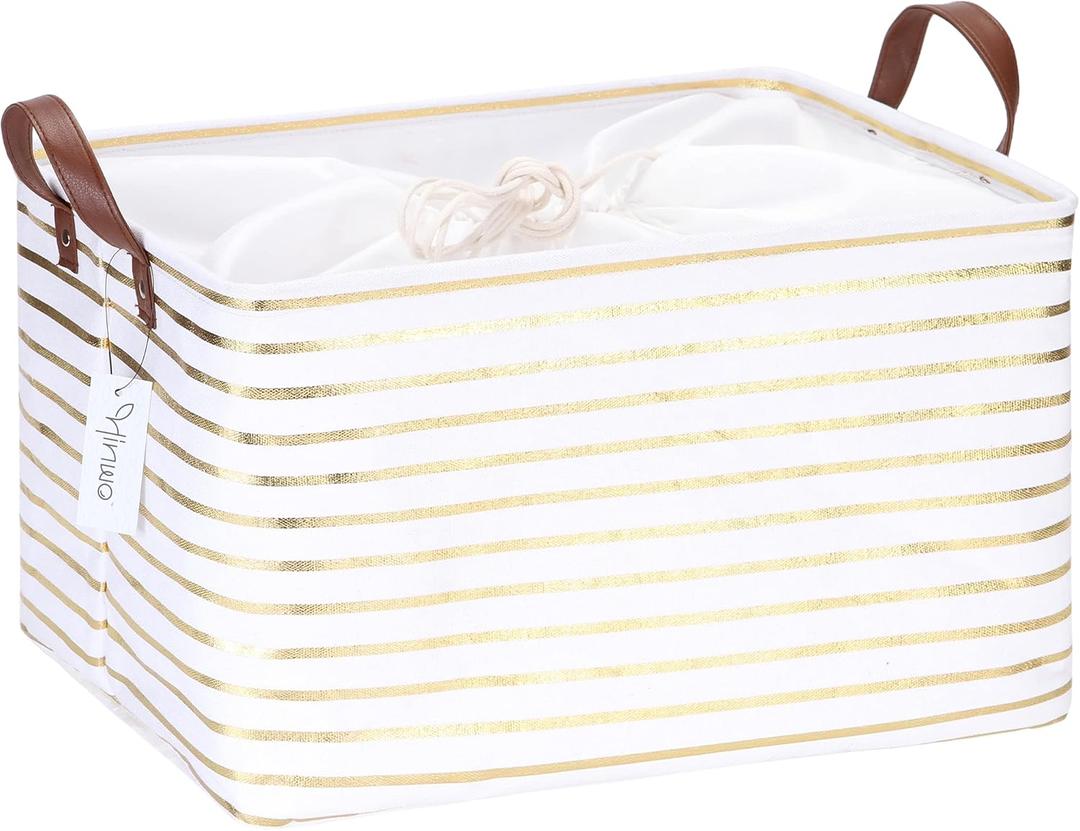 Hinwo 31L Large Storage Bins, Closet Organizers and Storage, Shelf Baskets, Foldable Clothes Storage Baskets with Handles, Containers for Clothing, Blanket, Towels, Toys, Bedding (Gold Stripe) (16.5" / 31L / 1-Pack)