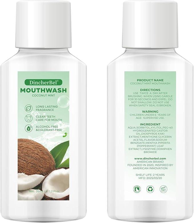 DincherBel Cool Mint Coconut Mouthwash, 1.2 oz Portable Mouthwash Bottles for Travel Toiletry Kits - Pack of 48