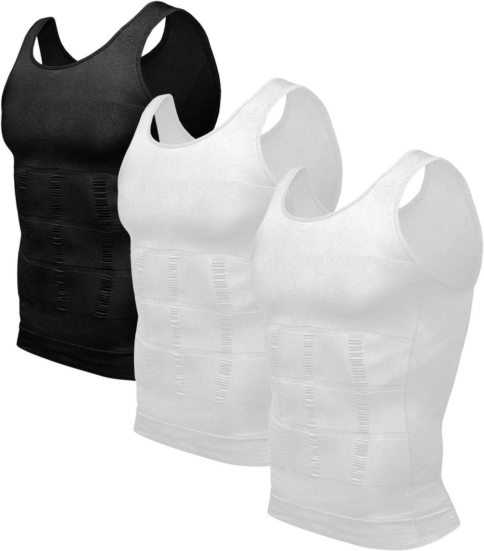 Odoland 3 Pack Men Compression Shirt Body Shapewear Base Layer Tummy Shaper Vest Tank Top (White, XXXL)