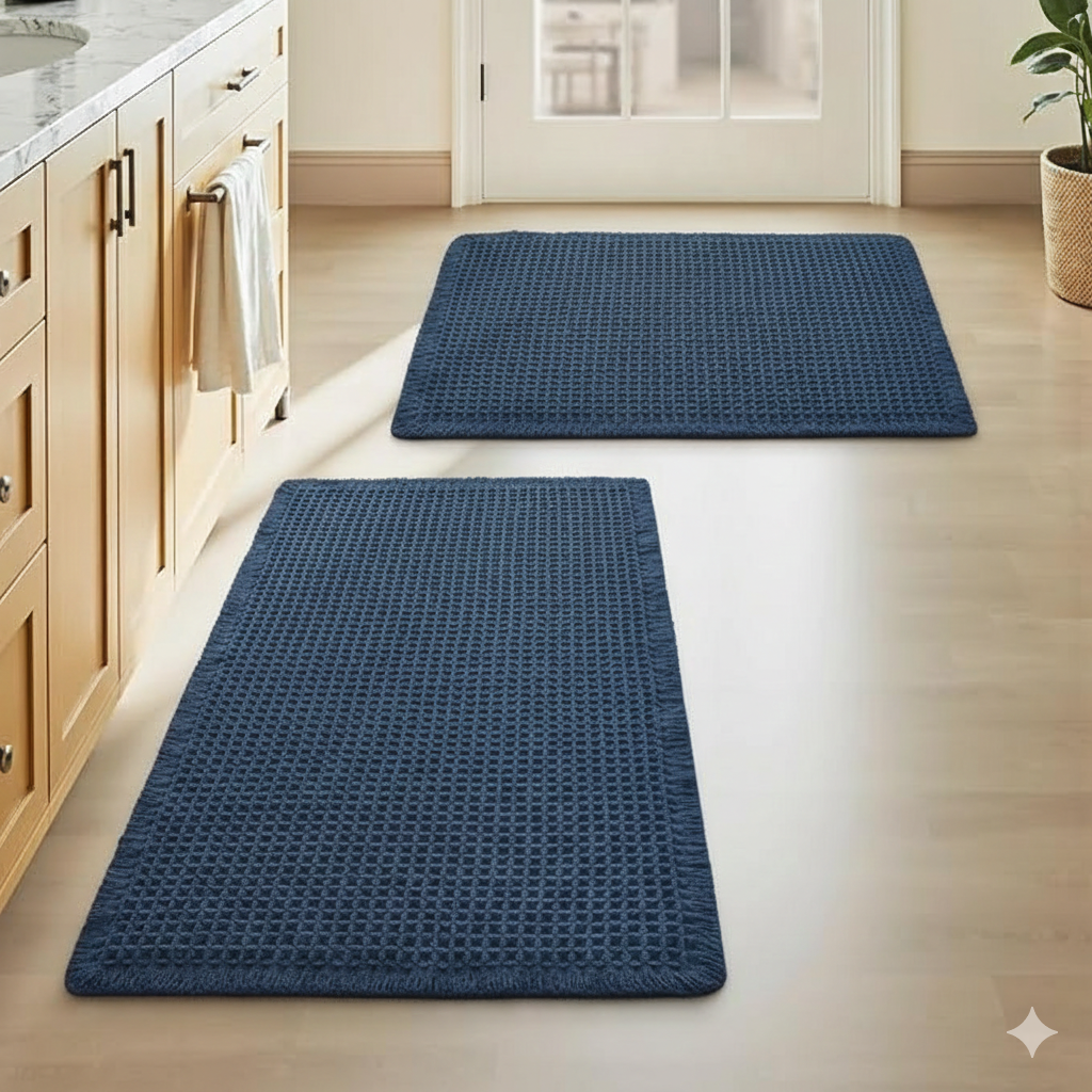 Waffle Bath Mats Set of 2, Super Absorbent Non Slip Bath Mats for Bathroom Floor, Washable Boho Bathroom Rugs Set 2 Piece with Tassels, Soft Bathroom Mat Set, 17" x 24", Blue