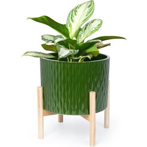 LaDoVita Ceramic Plant Pot with Stand, 8.5 Inch, 10 Inch, and 14.5 Inch Planter with Wood Shelf, Modern Round Flower Pots Indoor with Wood Planter Holder, Dark Green Water Ripple Pattern