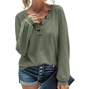 BTFBM Women Long Sleeve Shirts Spring Fall 2025 V Neck Loose Casual Blouse Deco Button Lightweight Waffle Knit Pullover (Small, Army Green)