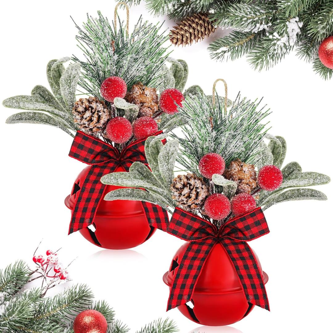 2 x Leyndo Christmas Sleigh Bells Mistletoe Bell Ornament with Pine Cones Berry Plaid Bow Metal Hanging Decoration for Home Christmas Tree Party Gift (Red, 2 Pcs)