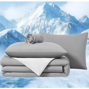 Quataly Cooling Comforter Set with Sheets&Pillowcases,Cooling Blanket for Hot Sleeper Cold ice Double Side Grey Bed Set Queen Size 4pcs(Comforter+Fitted Sheets+2Pillowcases)