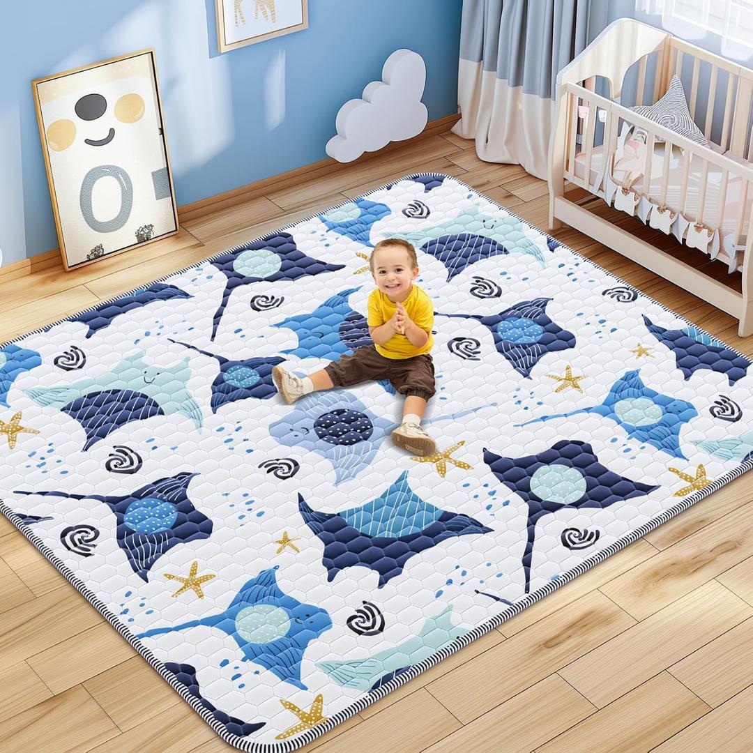 omzer Baby Play Mat, Large & Thick & Soft Cushioned Playmat for Playpen, Non-Slip Floor Mat for Crawling Infants & Toddlers with Safety Silicone Backing, Machine Washable - 71x79 Inch, Blue