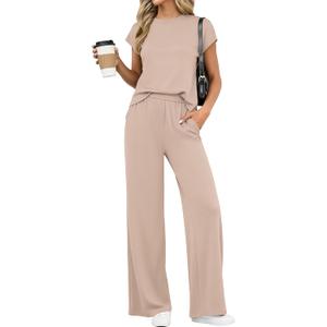 PRETTYGARDEN Womens 2 Piece Outfits Casual Cap Sleeve Lounge Set Summer Tracksuits Matching Sets Beach Fashion Travel Clothes(Beige, Medium)