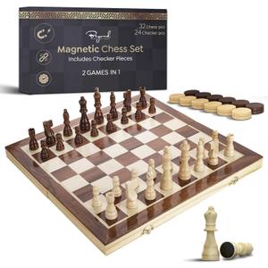 Wooden Magnetic Chess & Checkers Board Game, 15 Folding Chess Board | Solid Wood 2-in-1 Chess Sets for Adults with Storage Box, 2 Extra Queens, Portable Travel Chess Set for Kids & Beginners
