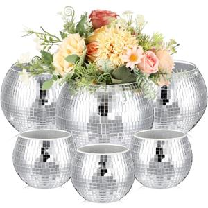 Inbagi 6 Pcs Disco Ball Flower Vase Mirror Glass Vase Disco Ball Planter Candle Holder Bulk for Wedding Centerpieces Bedroom Kitchen Office Decor(Silver, 3 x 4 Inch, 5 x 6 Inch)