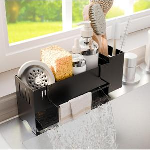 Sponge Holder for Kitchen Sink, Space-Saving Sink Caddy with Brush Holder, Kitchen Countertop Organizers and Storage Essentials, Rustproof & Slip Resistant (Black)