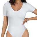 REORIA 2025 New Women's Short Sleeve V-Neck Seamless Going Out Basic Thong Bodysuit (M, White)